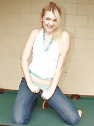 FreshPornPics presents: Sweet blonde babe spreads shaved pussy on pool table