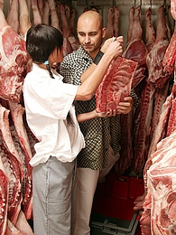 FreshPornPics presents: Teenage brunette gets dirty with the butcher his big meat