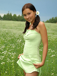 FreshPornPics presents: Marvelous nude babe with two pretty ponytails has a walk in the field of chamomiles and fondles her tender skin with them.