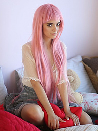 FreshPornPics presents: Teen sweetheart with a long pink hair gets nude and flashes her gorgeous breasts and pussy