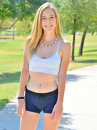 FreshPornPics presents: Sporty blonde babe Dakota strips her clothes and flaunts her hot body outdoors