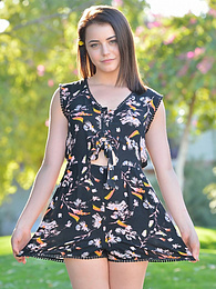 FreshPornPics presents: Svelte american dark-haired teen Kylie Quinn in shorts toys her twat outdoor