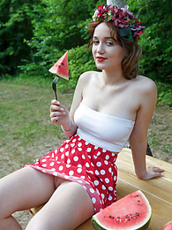 FreshPornPics presents: Nice belarusian stunner Rokki removes all clothes on a blanket in a backyard