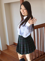 FreshPornPics presents: Asian schoolgirl Tomoyo Hoshino strips to stockings and poses outdoors