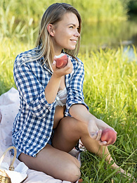 FreshPornPics presents: Skinny blonde Paulina gets naked on a blanket in a field of wheat
